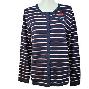 TALBOTS M J'taime Embroidered Navy Red White Striped Cardigan Sweater Paris